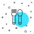 Black line Fork and spoon icon isolated on white background. Cooking utensil. Cutlery sign. Random dynamic shapes Royalty Free Stock Photo