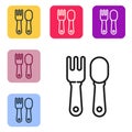 Black line Fork and spoon icon isolated on white background. Cooking utensil. Cutlery sign. Set icons in color square Royalty Free Stock Photo