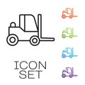 Black line Forklift truck icon isolated on white background. Fork loader and cardboard box. Cargo delivery, shipping
