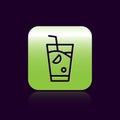 Black line Fresh smoothie icon isolated on black background. Green square button. Vector
