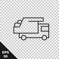 Black line Garbage truck icon isolated on transparent background. Vector