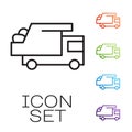 Black line Garbage truck icon isolated on white background. Set icons colorful. Vector