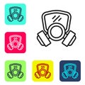 Black line Gas mask icon isolated on white background. Respirator sign. Set icons in color square buttons. Vector Royalty Free Stock Photo