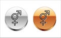 Black line Gender icon isolated on white background. Symbols of men and women. Sex symbol. Silver-gold circle button