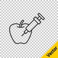 Black line Genetically modified apple icon isolated on transparent background. GMO fruit. Syringe being injected to