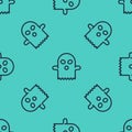 Black line Ghost icon isolated seamless pattern on green background. Happy Halloween party. Vector