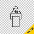 Black line Gives lecture icon isolated on transparent background. Stand near podium. Speak into microphone. The speaker