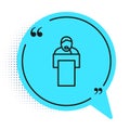 Black line Gives lecture icon isolated on white background. Stand near podium. Speak into microphone. The speaker