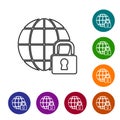 Black line Global lockdown - locked globe icon isolated on white background. Set icons in color circle buttons. Vector Royalty Free Stock Photo