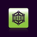 Black line Global technology or social network icon isolated on black background. Green square button. Vector Royalty Free Stock Photo