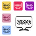 Black line GMO icon isolated on white background. Genetically modified organism acronym. Dna food modification. Set Royalty Free Stock Photo