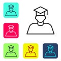 Black line Graduate and graduation cap icon isolated on white background. Set icons in color square buttons. Vector Royalty Free Stock Photo