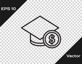 Black line Graduation cap and coin icon isolated on transparent background. Education and money. Concept of scholarship