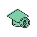 Black line Graduation cap and coin icon isolated on white background. Education and money. Concept of scholarship cost Royalty Free Stock Photo