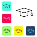 Black line Graduation cap icon isolated on white background. Graduation hat with tassel icon. Set icons in color square Royalty Free Stock Photo