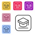 Black line Graduation cap icon isolated on white background. Graduation hat with tassel icon. Set icons in color square Royalty Free Stock Photo