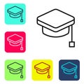 Black line Graduation cap icon isolated on white background. Graduation hat with tassel icon. Set icons in color square Royalty Free Stock Photo