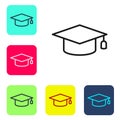 Black line Graduation cap icon isolated on white background. Graduation hat with tassel icon. Set icons in color square Royalty Free Stock Photo