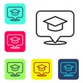 Black line Graduation cap in speech bubble icon isolated on white background. Graduation hat with tassel icon. Set icons Royalty Free Stock Photo