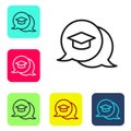 Black line Graduation cap in speech bubble icon isolated on white background. Graduation hat with tassel icon. Set icons Royalty Free Stock Photo