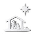 Black line hand drawn of Christmas Christian Nativity Scene of baby Jesus in manger with Mary and Joseph on cut paper with shadow Royalty Free Stock Photo