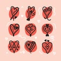 Black line hand drawn cute heart emblems icons design elements set with red circle on pink Royalty Free Stock Photo