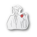 Black line hand drawn of graduated student wearing academic dress gown or robe and graduation cap and holding apple on cut paper Royalty Free Stock Photo