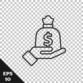 Black line Hand holding money bag icon isolated on transparent background. Dollar or USD symbol. Cash Banking currency Royalty Free Stock Photo