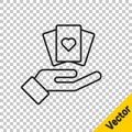 Black line Hand holding playing cards icon isolated on transparent background. Casino game design. Vector Royalty Free Stock Photo