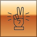 Black line Hand showing two finger icon isolated on gold background. Victory hand sign. Vector Royalty Free Stock Photo