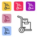 Black line Hand truck and boxes icon isolated on white background. Dolly symbol. Set icons in color square buttons Royalty Free Stock Photo