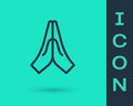 Black line Hands in praying position icon isolated on green background. Prayer to god with faith and hope. Vector Royalty Free Stock Photo