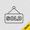 Black line Hanging sign with text Sold icon isolated on transparent background. Auction sold. Sold signboard. Bidding Royalty Free Stock Photo