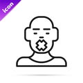 Black line Head of deaf and dumb guy icon isolated on white background. Dumbness sign. Disability concept. Vector