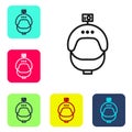 Black line Helmet and action camera icon isolated on white background. Set icons in color square buttons. Vector Royalty Free Stock Photo