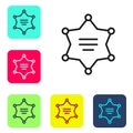 Black line Hexagram sheriff icon isolated on white background. Police badge icon. Set icons in color square buttons Royalty Free Stock Photo