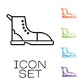 Black line Hiking boot icon isolated on white background. Set icons colorful. Vector Royalty Free Stock Photo