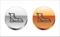Black line Hiking boot icon isolated on white background. Silver-gold circle button. Vector Illustration Royalty Free Stock Photo