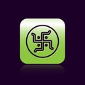 Black line Hindu swastika religious symbol icon isolated on black background. Green square button. Vector