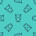 Black line Hippo or Hippopotamus icon isolated seamless pattern on green background. Animal symbol. Vector