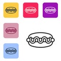 Black line Hotdog sandwich icon isolated on white background. Sausage icon. Fast food sign. Set icons in color square Royalty Free Stock Photo