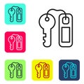 Black line Hotel door lock key with number tag icon isolated on white background. Set icons in color square buttons. Vector Royalty Free Stock Photo