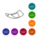 Black line Hunting horn icon isolated on white background. Set icons in color circle buttons. Vector