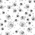 Black line Hypnosis icon isolated seamless pattern on white background. Human eye with spiral hypnotic iris. Vector