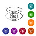 Black line Hypnosis icon isolated on white background. Human eye with spiral hypnotic iris. Set icons in color circle