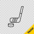 Black line Ice hockey stick and puck icon isolated on transparent background. Vector Royalty Free Stock Photo