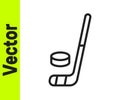 Black line Ice hockey stick and puck icon isolated on white background. Vector Royalty Free Stock Photo