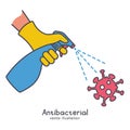 Black line icon antiseptic spray. Hands in gloves hold bottle with pump. Royalty Free Stock Photo