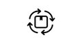Black line icon depicting a package in the center surrounded by four circular