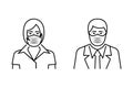 Black line icon woman and man medical mask on face. Royalty Free Stock Photo